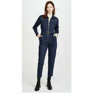 WeWoreWhat Utility Jumpsuit Linen‎ Long Sleeve Gold Zip Collared Blue Size XL